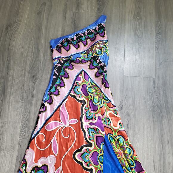 Cache Silk Dress Gown 10 One Shoulder Colorful Art Event Wedding Guest Resort - Picture 2 of 12